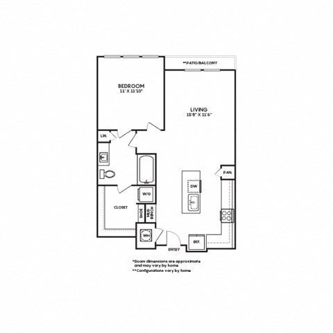 Floor plan for 1 bed, 1 bath, 755 sqft